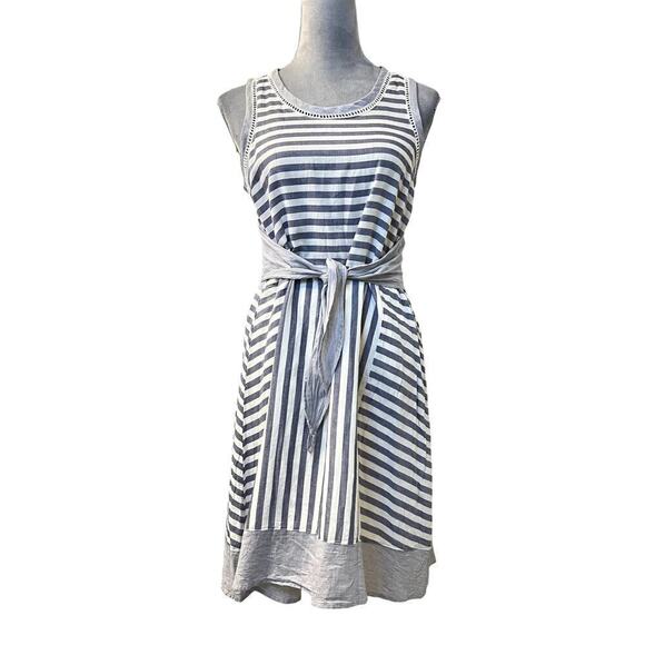 Olive + Oak Sheath Dress Womens Medium White Blue Striped Sleeveless Tie Waist - Picture 1 of 8